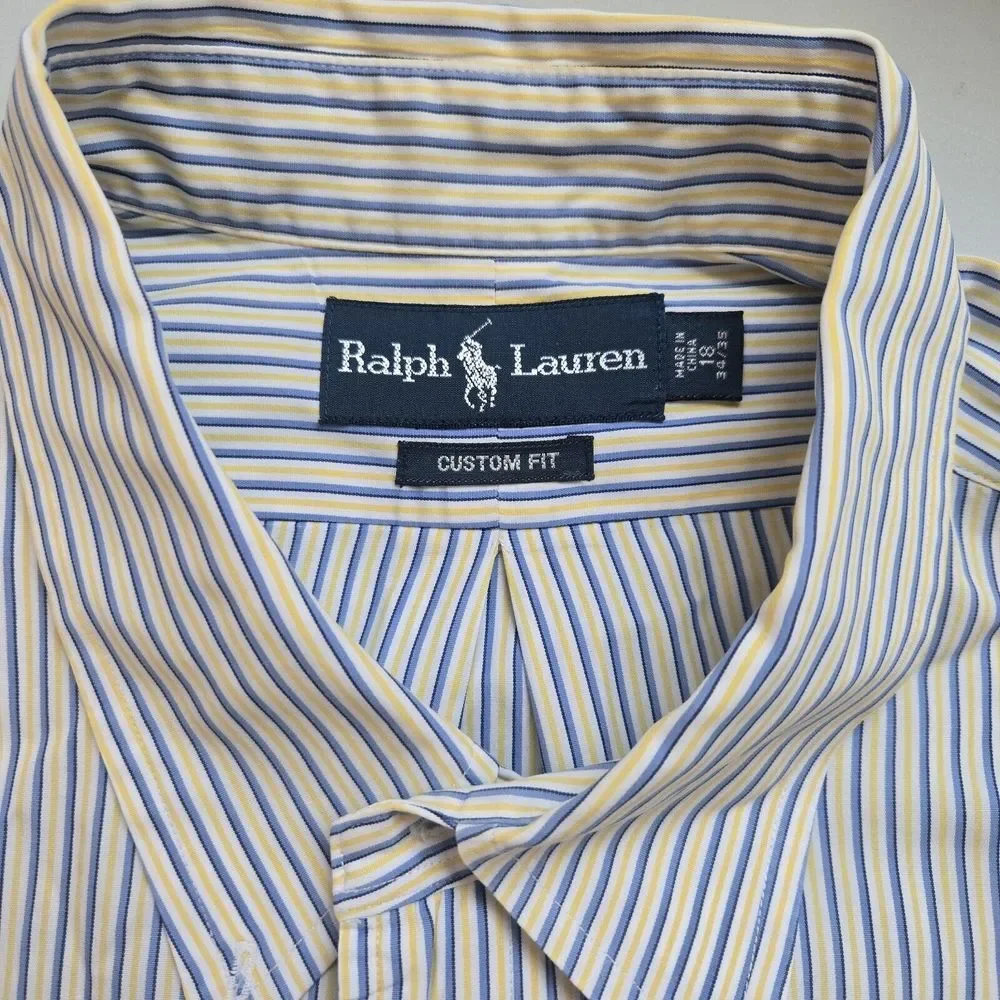 Ralph Lauren Button Down Long Sleeve Shirt Blue Yellow Stripe Mens Pony 18 34/35